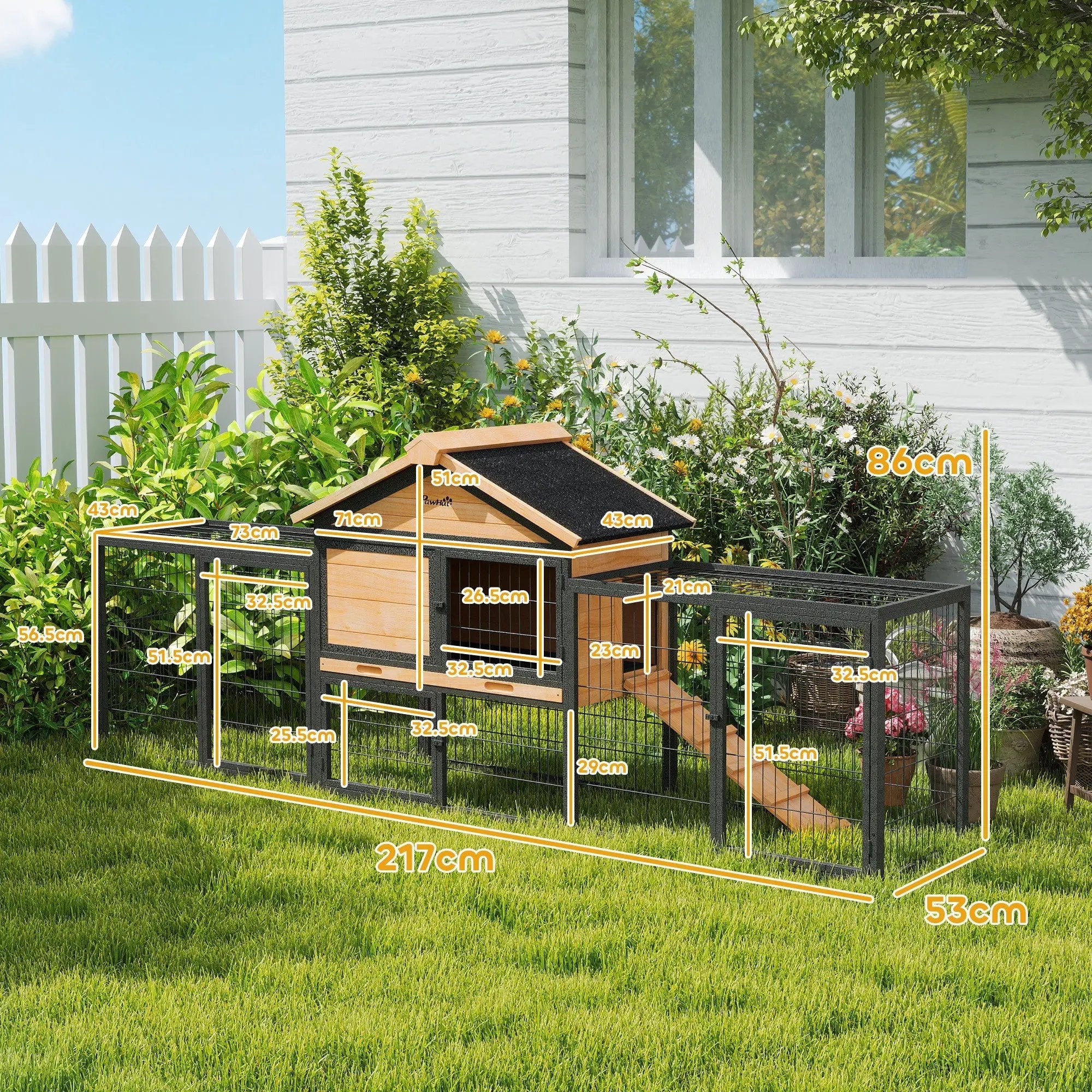 PawHut PawHut Rabbit Hutch Outdoor with Steel Run Removable Plastic Tray Natural - Rabbit Hutch