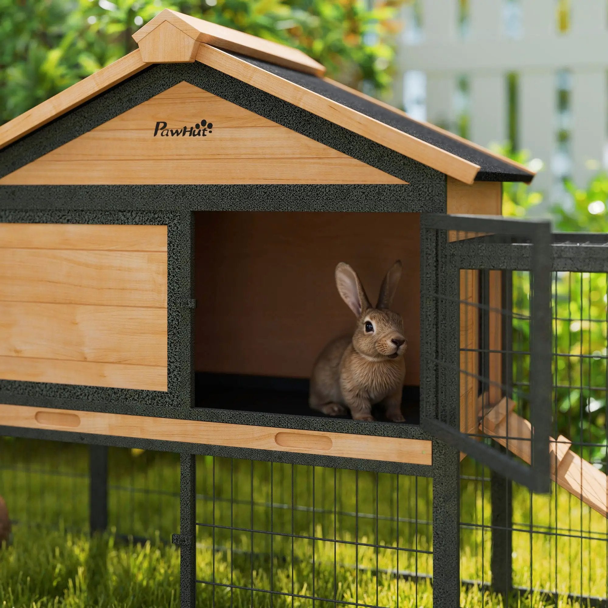PawHut PawHut Rabbit Hutch Outdoor with Steel Run Removable Plastic Tray Natural - Rabbit Hutch