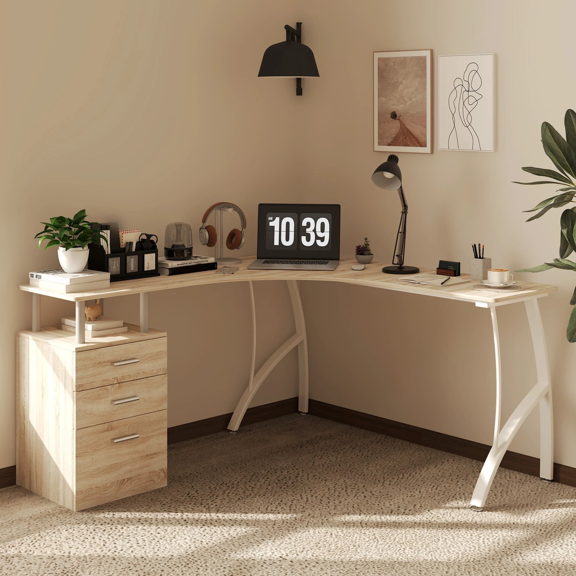 HOMCOM L Shaped Corner Desk With Three Drawer Cabinet And Melamine Surface For Home Office Use - Desk