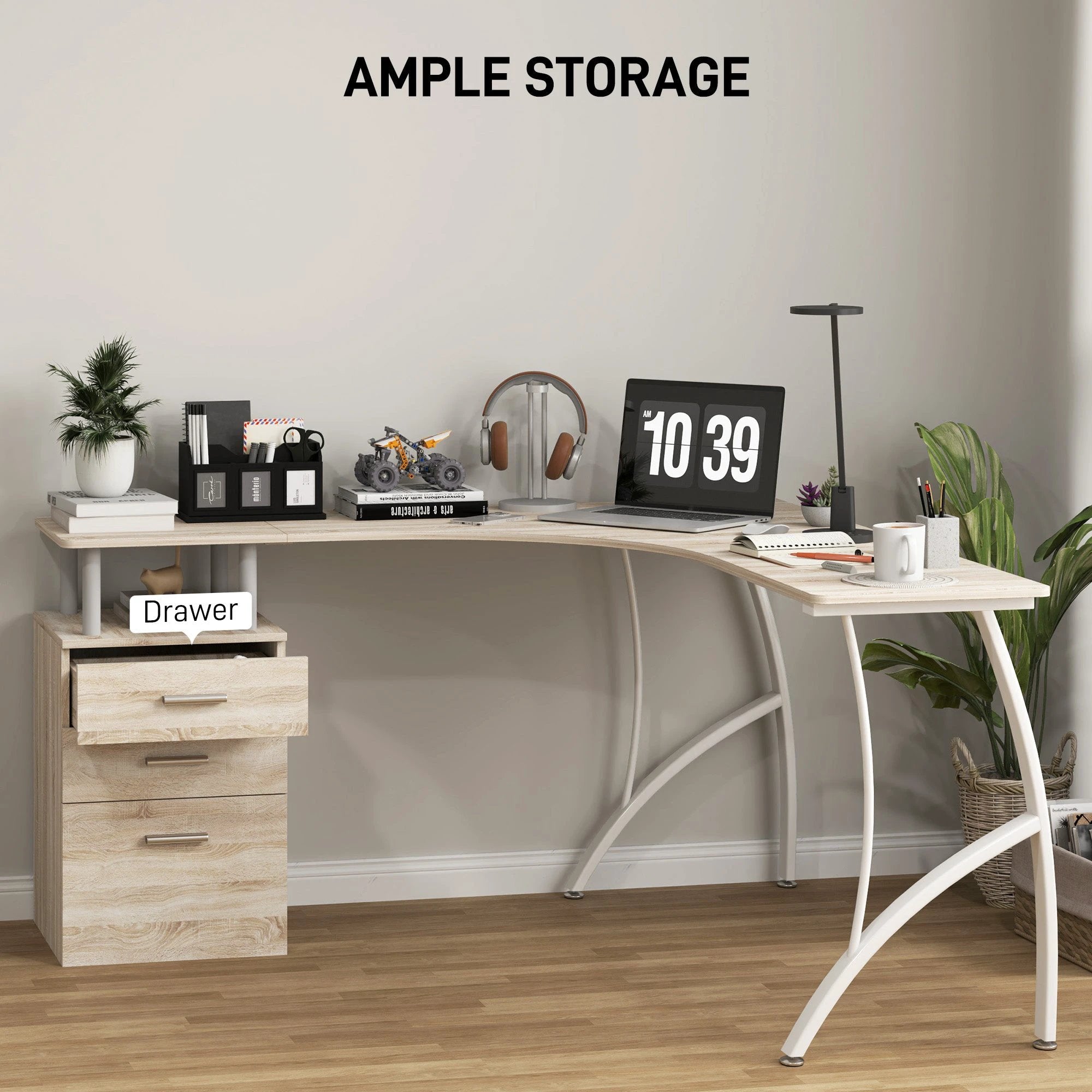 HOMCOM L Shaped Corner Desk With Three Drawer Cabinet And Melamine Surface For Home Office Use - Desk