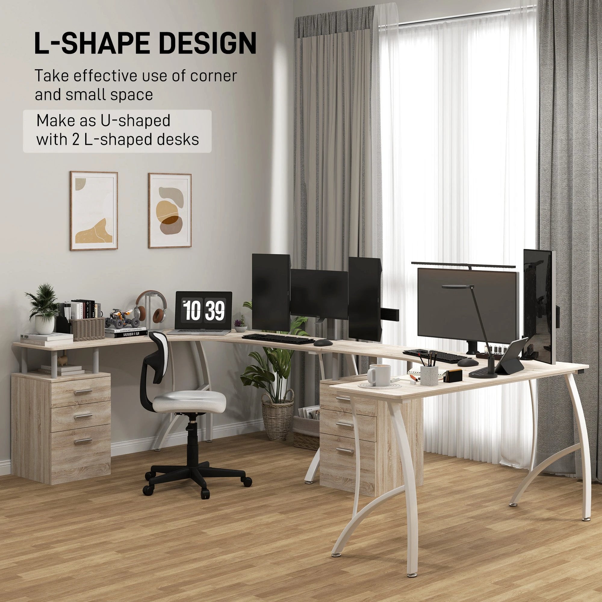 HOMCOM L Shaped Corner Desk With Three Drawer Cabinet And Melamine Surface For Home Office Use - Desk