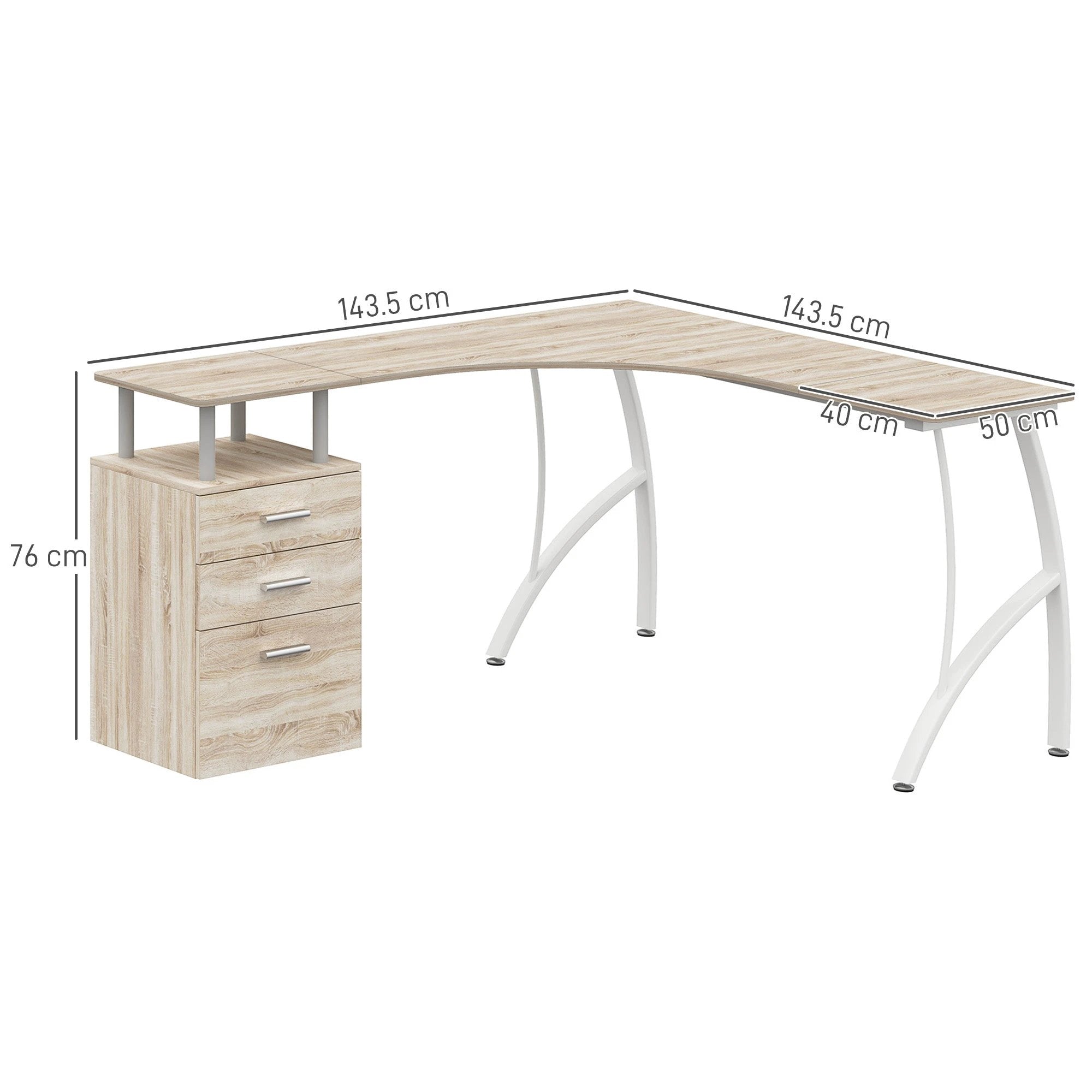 HOMCOM L Shaped Corner Desk With Three Drawer Cabinet And Melamine Surface For Home Office Use - Desk