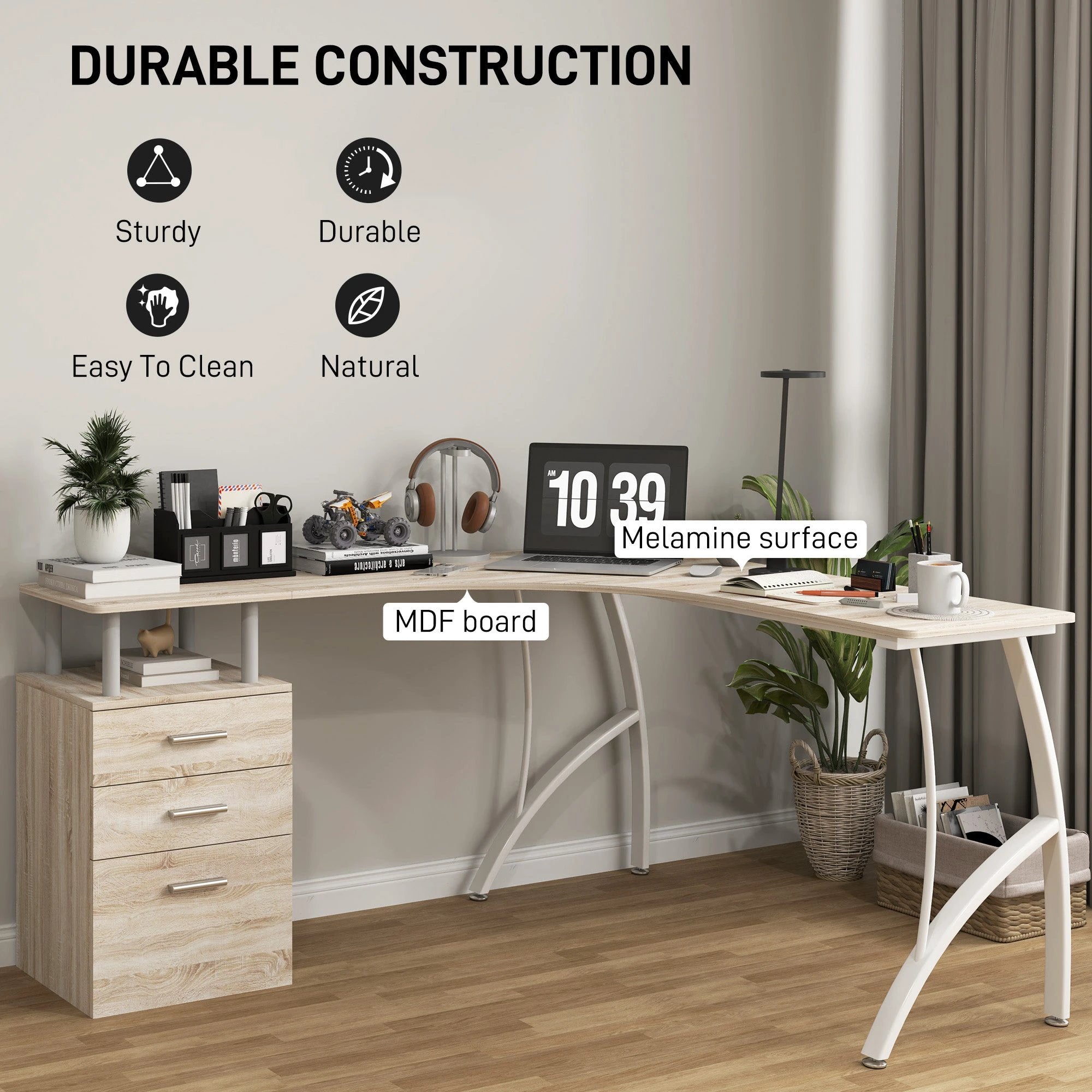 HOMCOM L Shaped Corner Desk With Three Drawer Cabinet And Melamine Surface For Home Office Use - Desk
