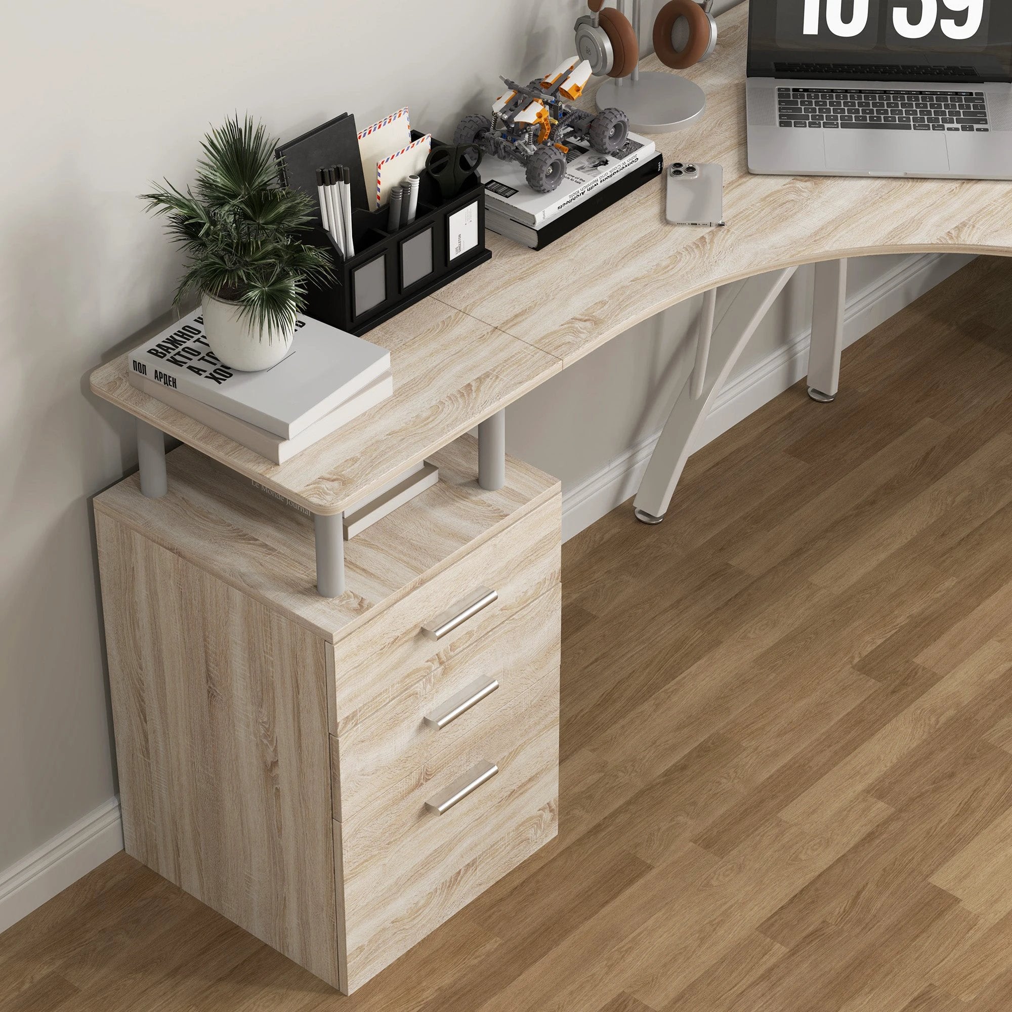 HOMCOM L Shaped Corner Desk With Three Drawer Cabinet And Melamine Surface For Home Office Use - Desk