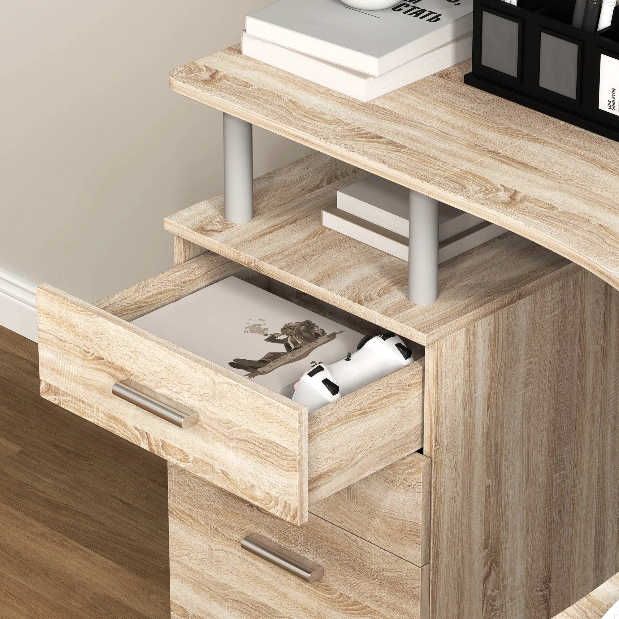 HOMCOM L Shaped Corner Desk With Three Drawer Cabinet And Melamine Surface For Home Office Use - Desk