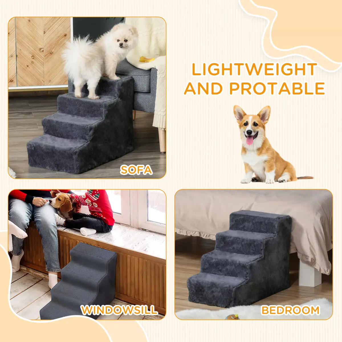 PawHut PawHut Four-Step Portable Dog Stairs with Washable Plush Cover - Dog Steps