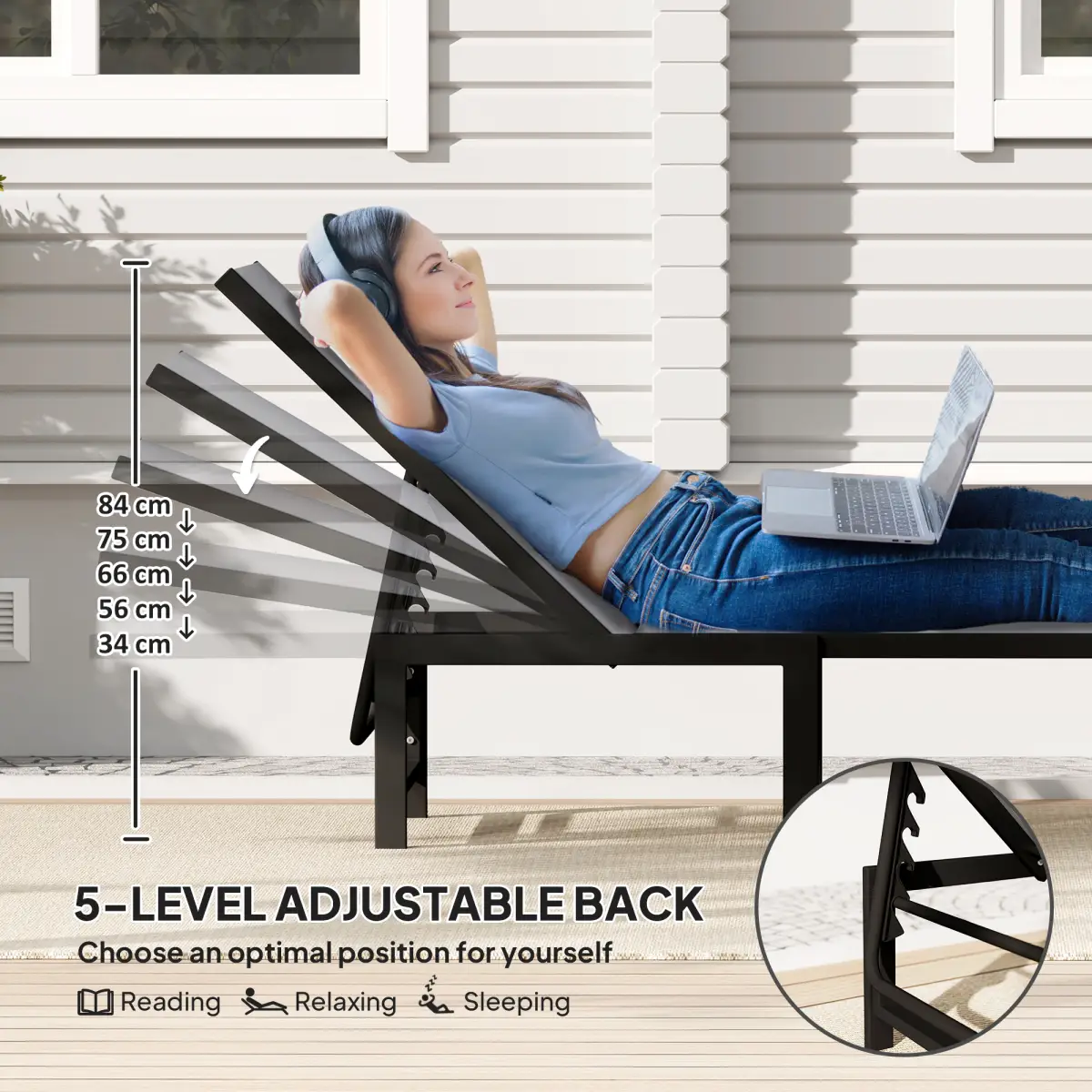 Outsunny Outsunny Sun Loungers Set of 2, 5-Level Reclining Sunbeds - Sun Lounger