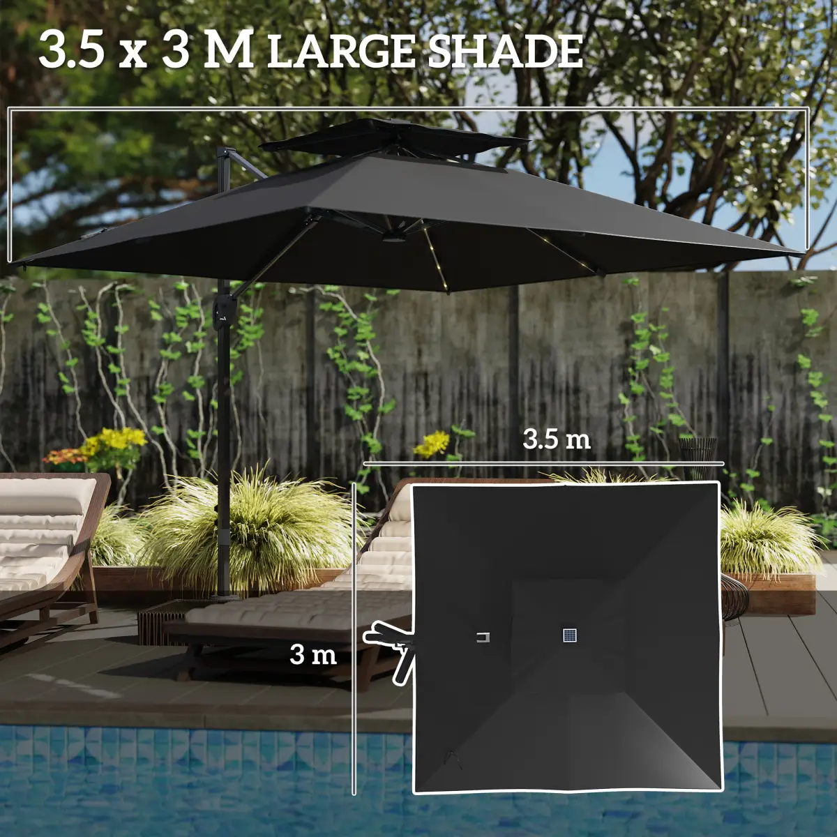Outsunny Outsunny 3.5m Aluminium Cantilever Parasol w/ LED Lights Crank Tilt UV50+ - Parasol