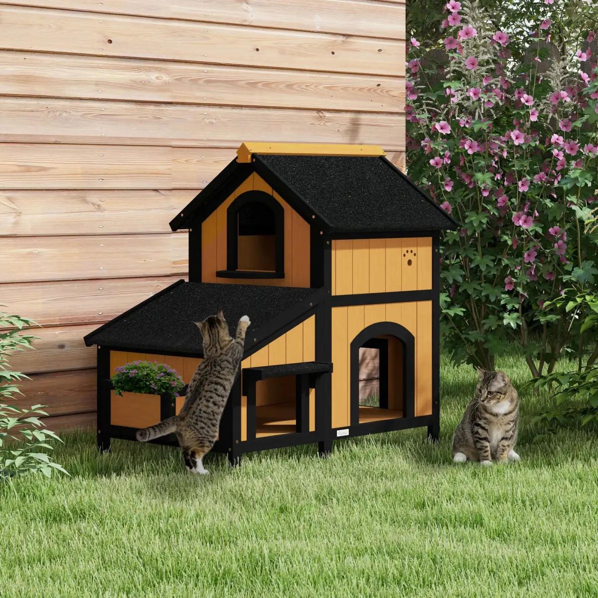 PawHut Wooden Outdoor Cat House w/ Flower Pot, Windows, Multiple Entrances - Cat House