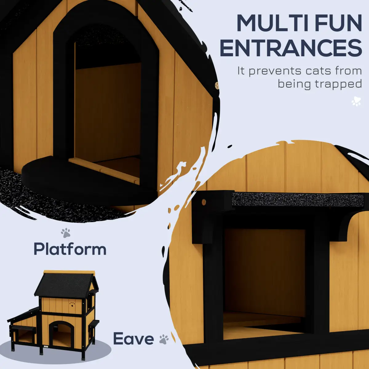 PawHut Wooden Outdoor Cat House w/ Flower Pot, Windows, Multiple Entrances - Cat House