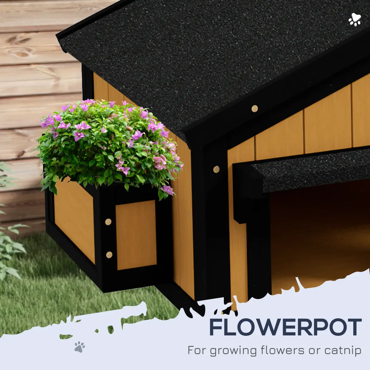 PawHut Wooden Outdoor Cat House w/ Flower Pot, Windows, Multiple Entrances - Cat House