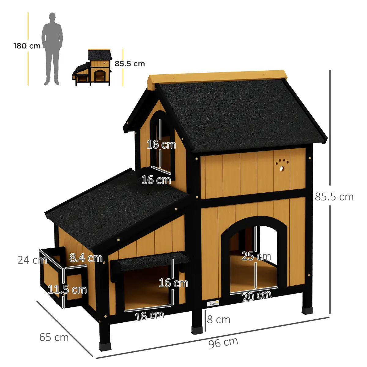 PawHut Wooden Outdoor Cat House w/ Flower Pot, Windows, Multiple Entrances - Cat House