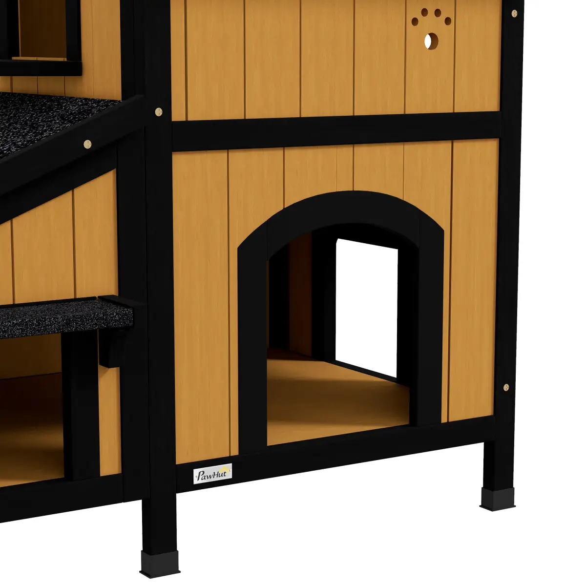 PawHut Wooden Outdoor Cat House w/ Flower Pot, Windows, Multiple Entrances - Cat House