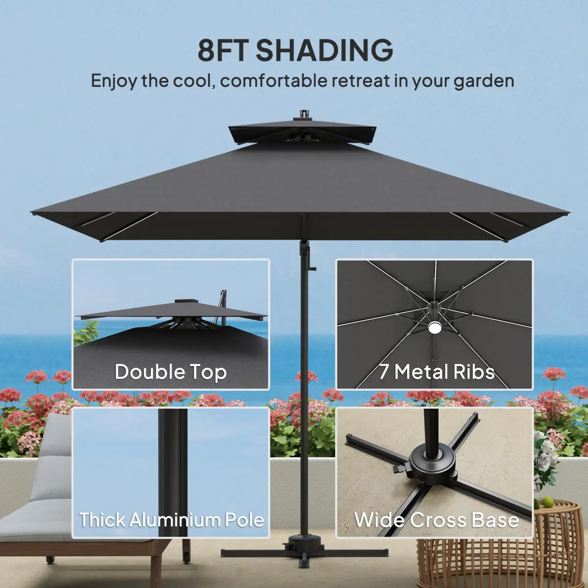 Outsunny Outsunny 2.5m Cantilever Parasol, Garden Parasol with Lights - Parasol
