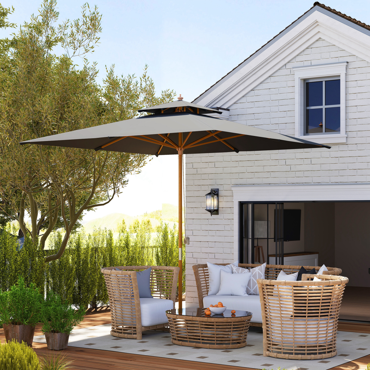 Outsunny Outsunny 3(m) Wood Square Umbrella Garden Market Parasol Sunshade - Parasol
