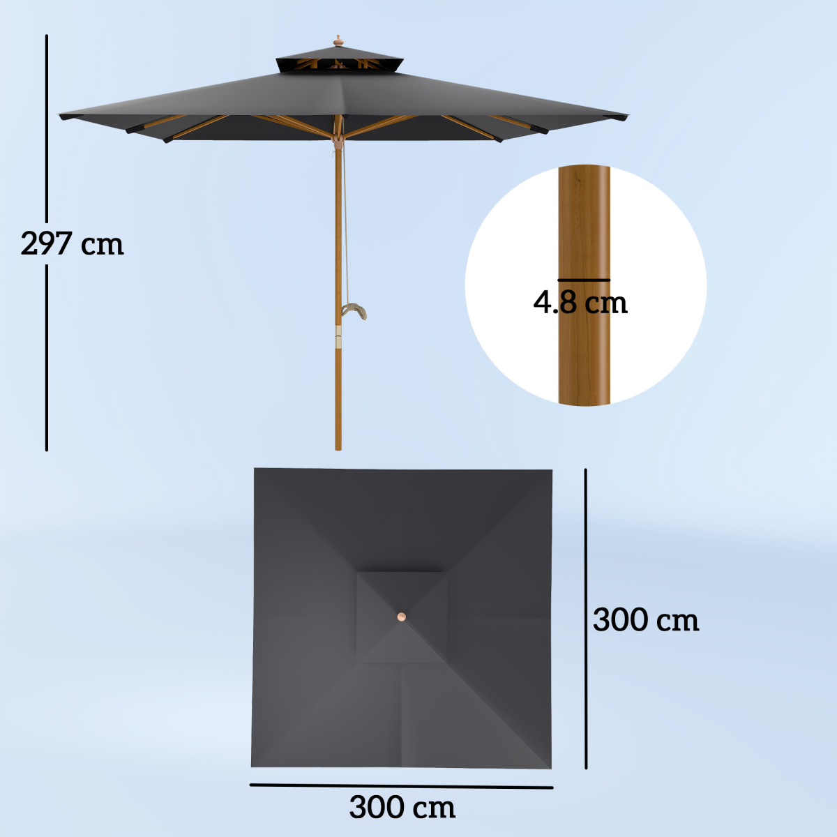 Outsunny Outsunny 3(m) Wood Square Umbrella Garden Market Parasol Sunshade - Parasol
