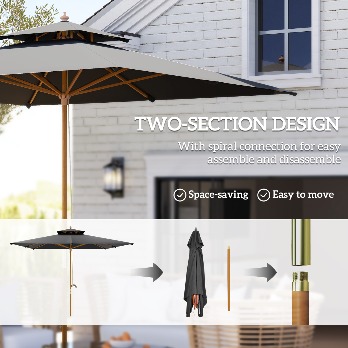 Outsunny Outsunny 3(m) Wood Square Umbrella Garden Market Parasol Sunshade - Parasol