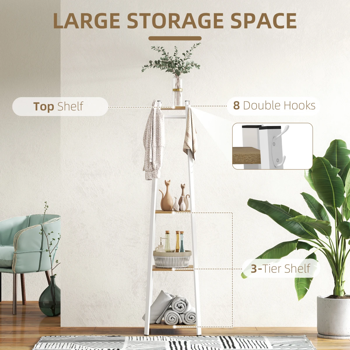 HOMCOM Homcom Clothes Rack With Storage Three Tier 8 Hooks Home - Wardrobe