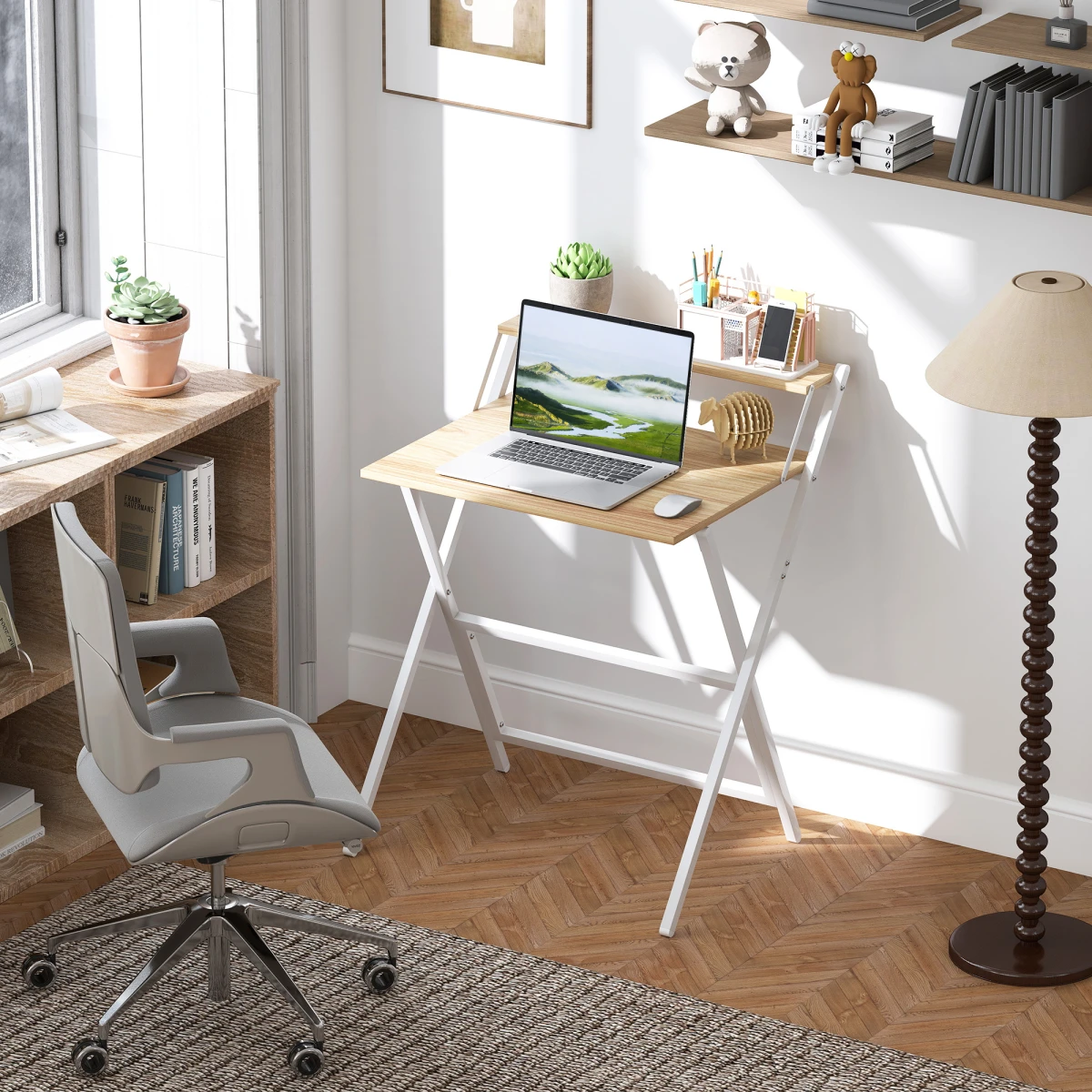 HOMCOM Folding Computer Desk 70 cm With Monitor Shelf Space Saving Design For Small Rooms And Apartments by HOMCOM