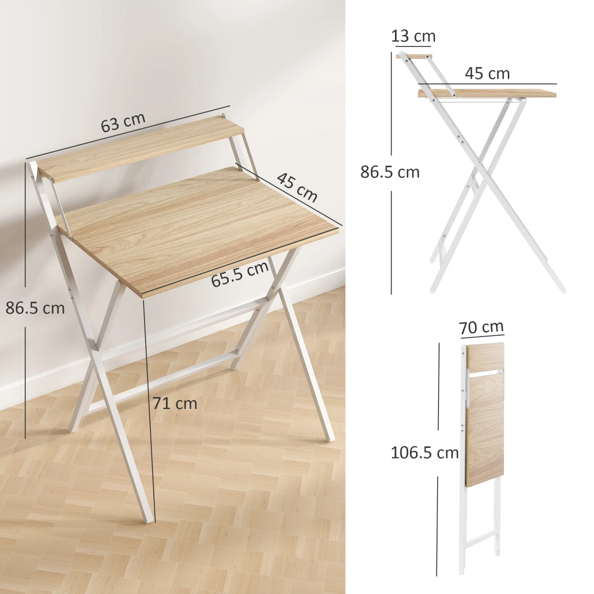 HOMCOM Folding Computer Desk 70 cm With Monitor Shelf Space Saving Design For Small Rooms And Apartments by HOMCOM