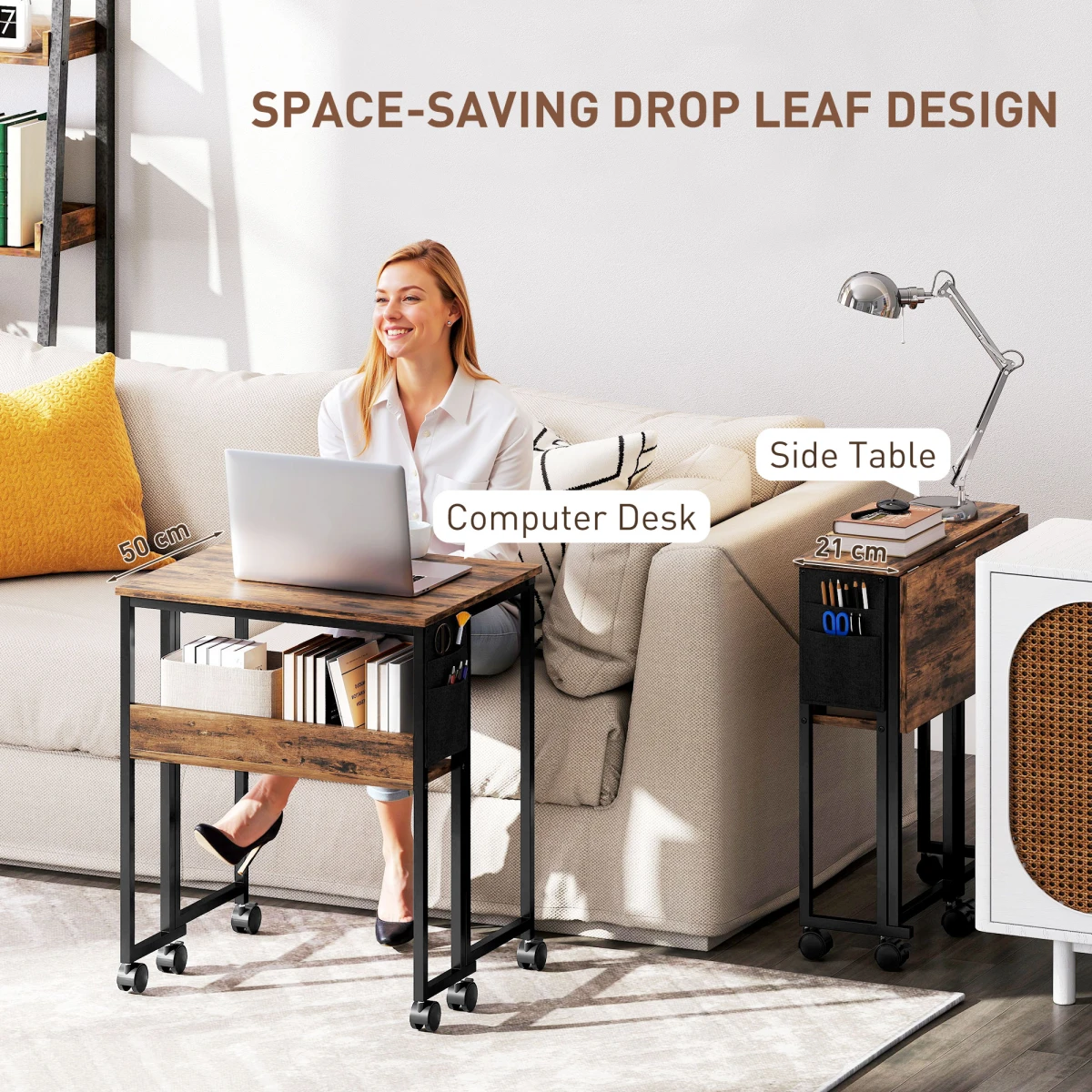 HOMCOM Foldable Computer Desk 63cm on Wheels with Drop Leaf for Small Spaces Home Office by HOMCOM