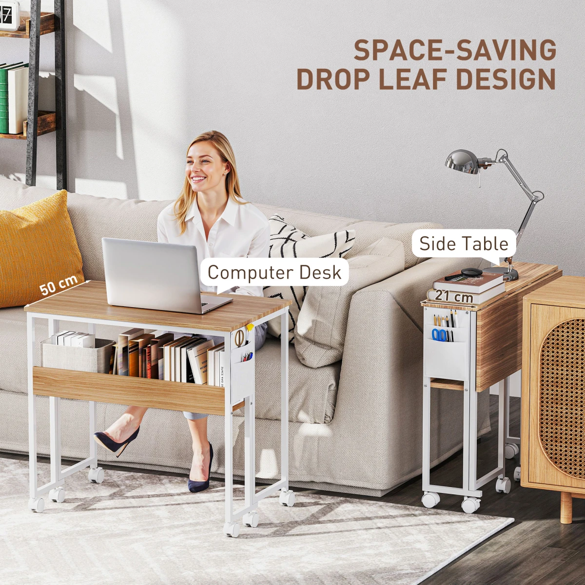 HOMCOM HOMCOM Foldable Computer Desk 80cm Wide On Wheels with Drop Leaf and Storage Shelf for Small Spaces - Desk