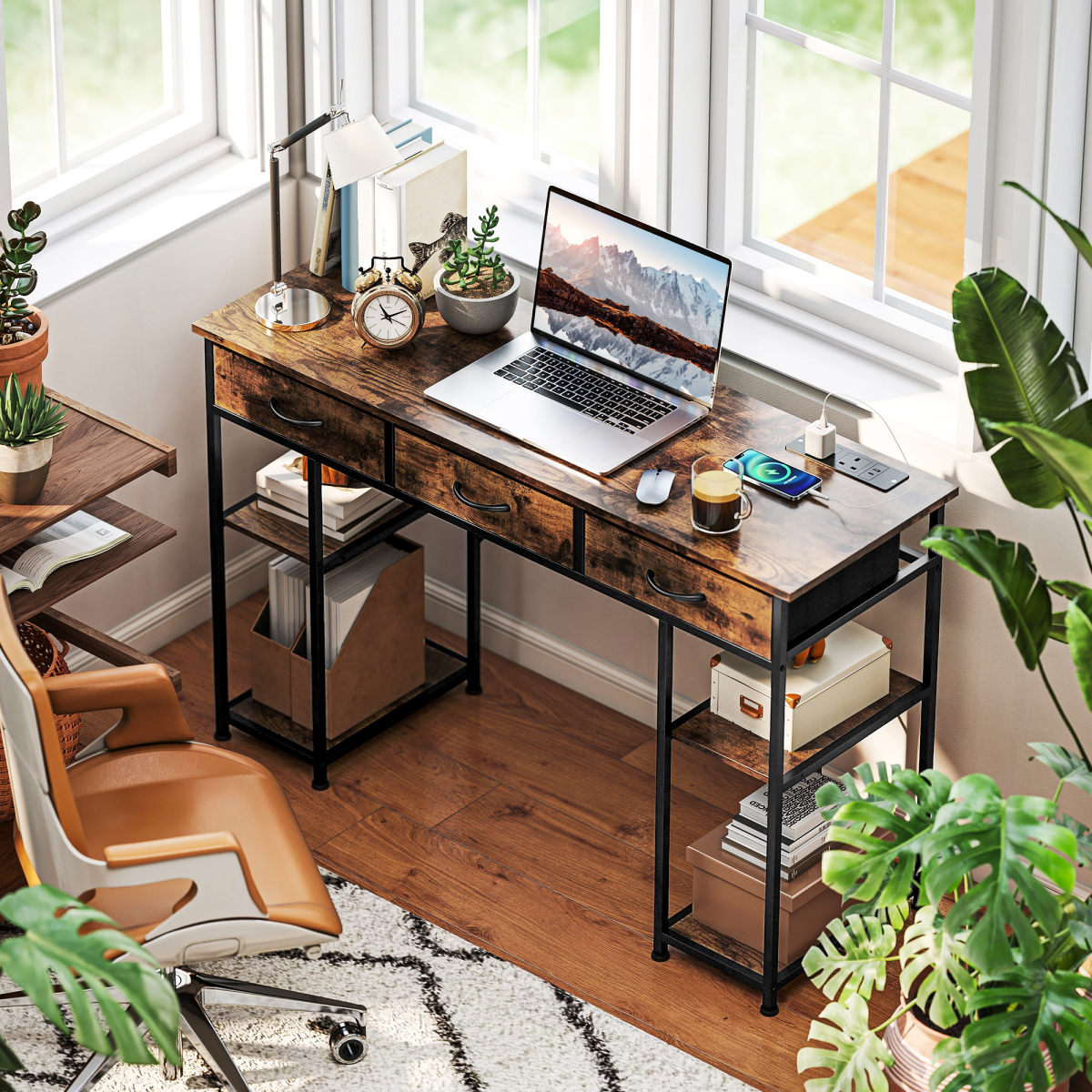 HOMCOM HOMCOM Computer Writing Desk Full Size Built In Charging Station with Drawers and Shelves for Home Office - Desk