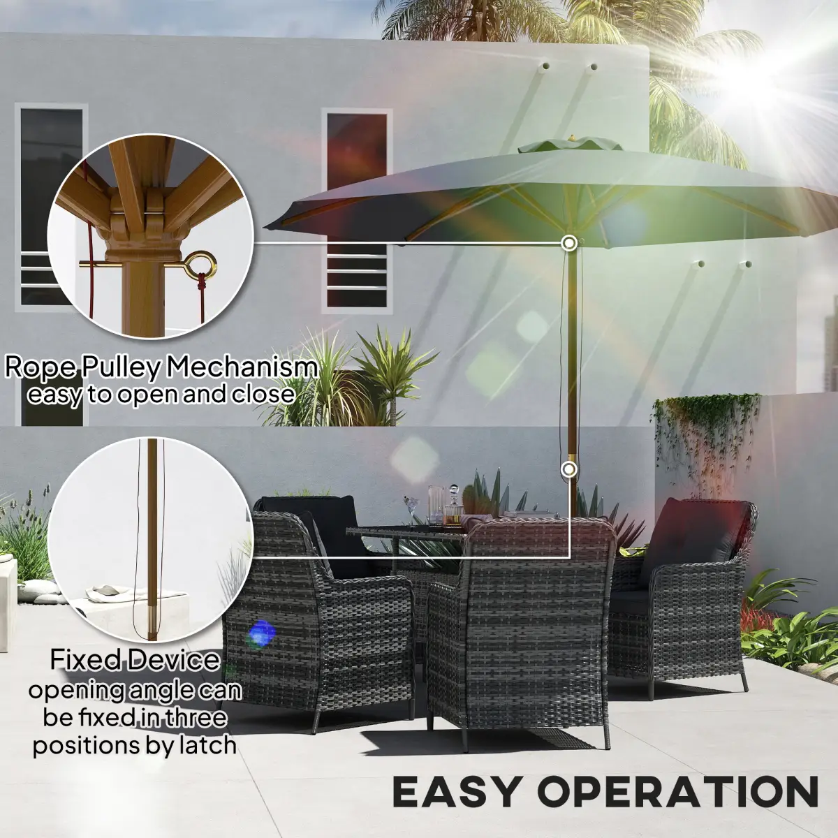 Outsunny Outsunny Wooden Garden Parasol with Rope Pulley Mechanism - Parasol