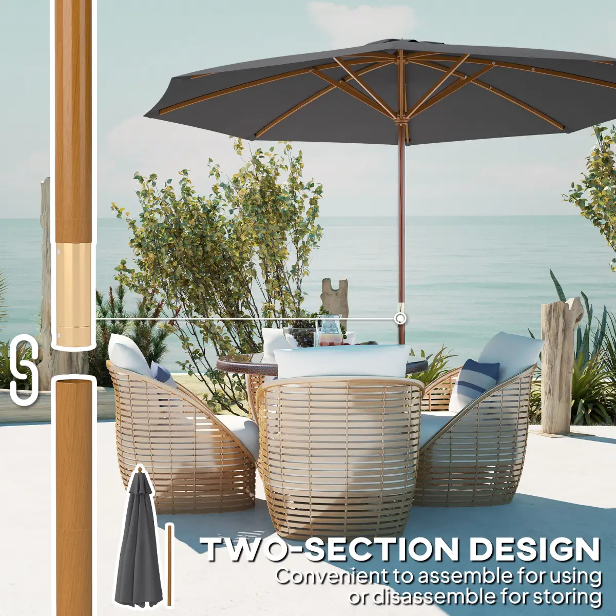 Outsunny Outsunny Wooden Garden Parasol with Rope Pulley Mechanism - Parasol