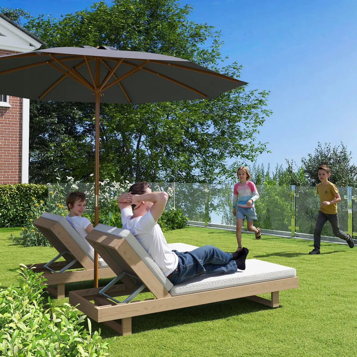 Outsunny Outsunny Wooden Garden Parasol with Rope Pulley Mechanism - Parasol