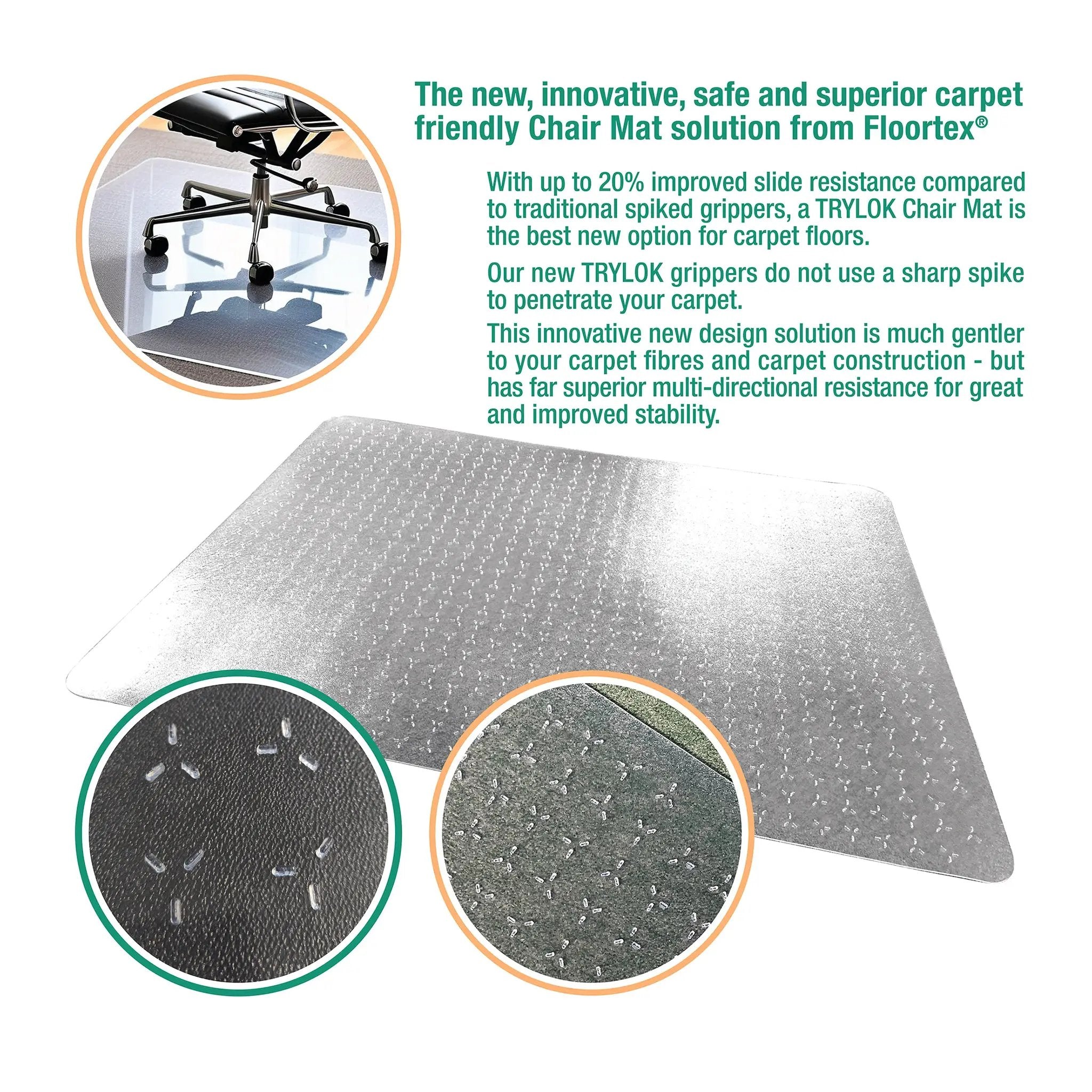 Floortex Cleartex TrYlok PVC Chair Mat for Low Pile Carpets up to 6mm - Office Mats