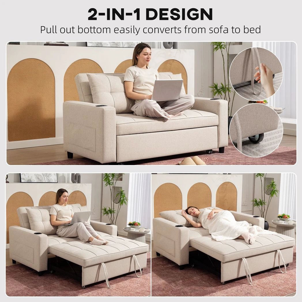 HOMCOM 2 Seater Sofa Bed With Pockets For Small Rooms - Sofa