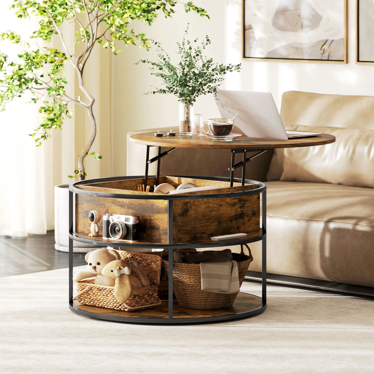 HOMCOM Lift Top Round Coffee Table With Hidden Storage Brown Finish For Small Living Rooms by HOMCOM