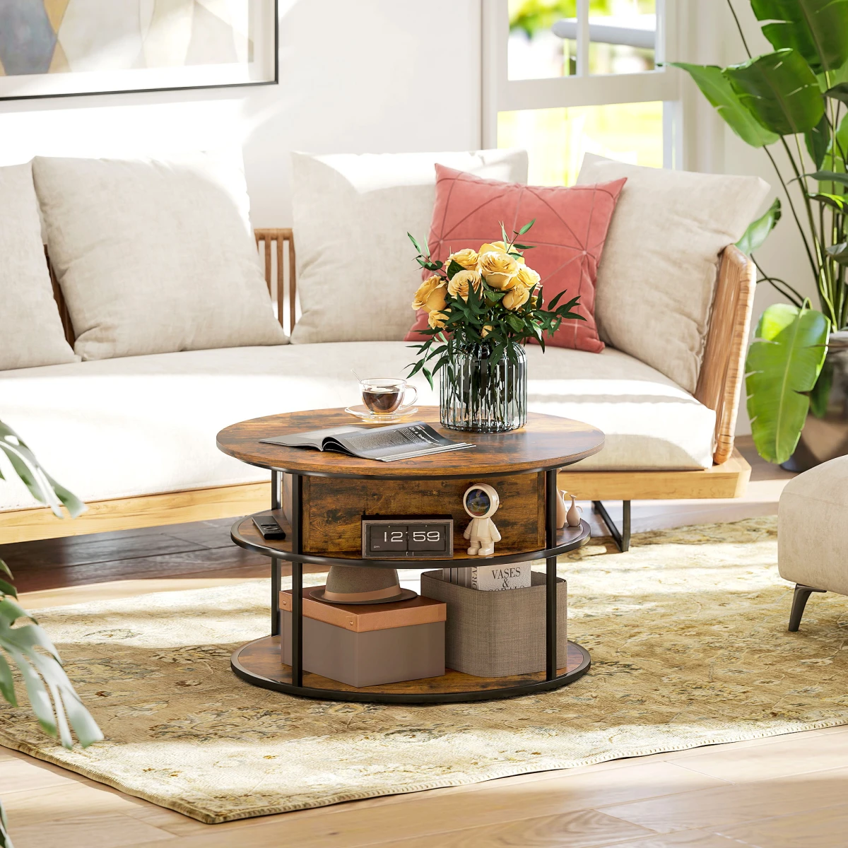 HOMCOM Lift Top Round Coffee Table With Hidden Storage Brown Finish For Small Living Rooms by HOMCOM