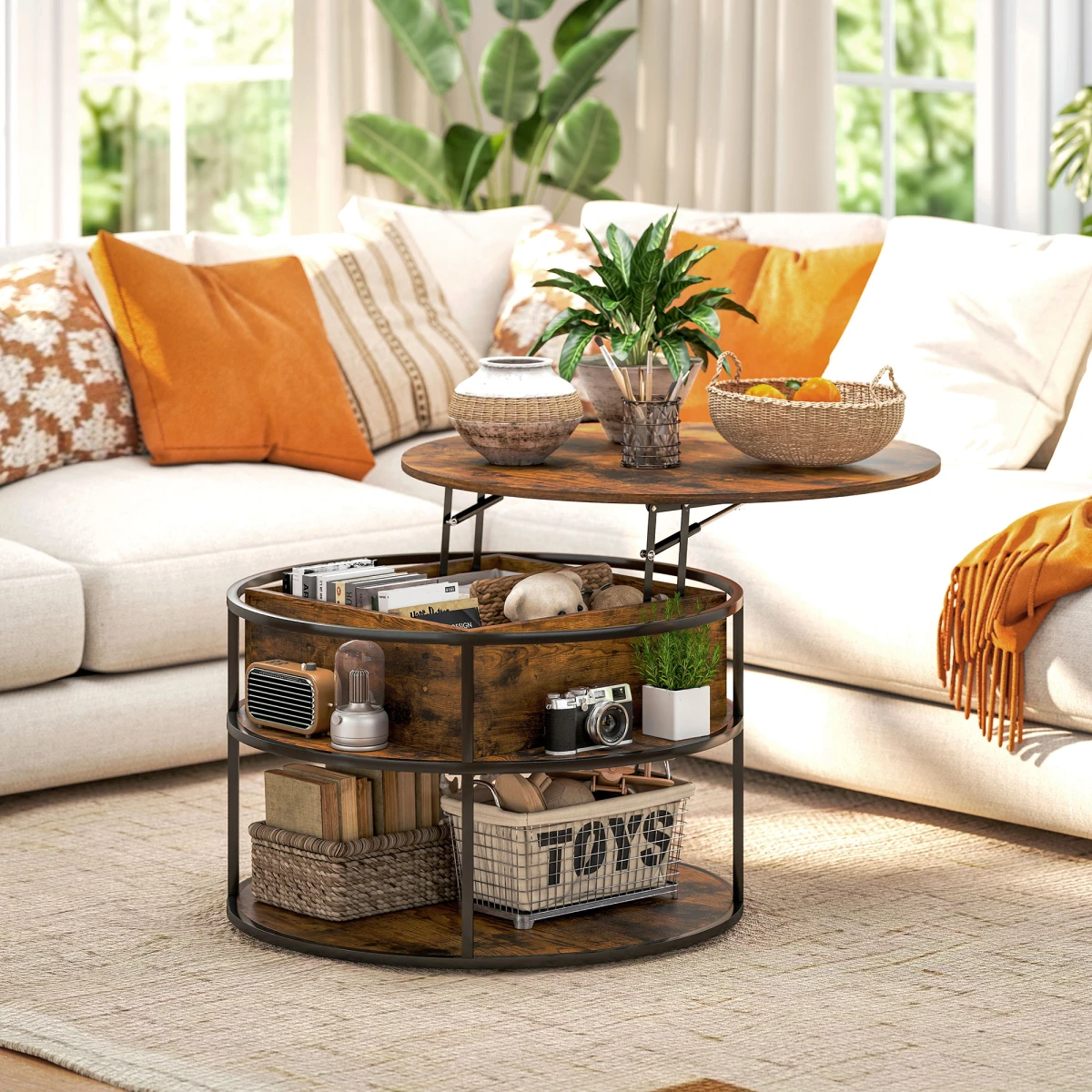 HOMCOM Lift Top Round Coffee Table With Hidden Storage Brown Finish For Small Living Rooms by HOMCOM