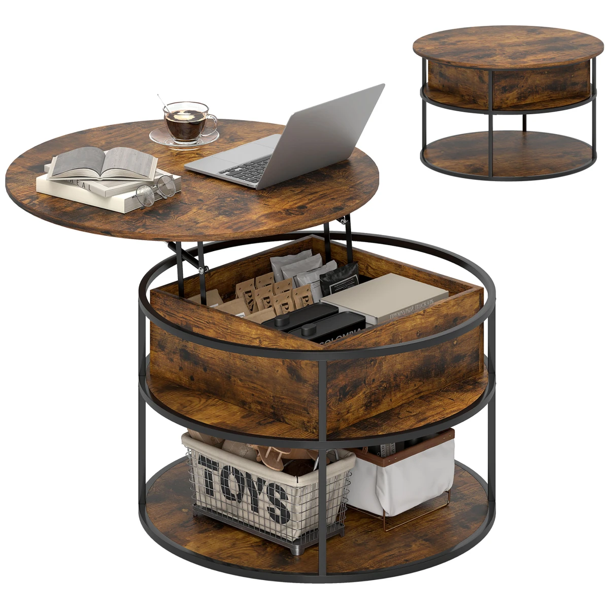 HOMCOM Lift Top Round Coffee Table With Hidden Storage Brown Finish For Small Living Rooms by HOMCOM