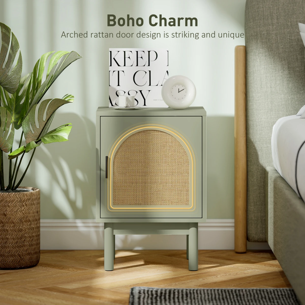 HOMCOM Bedside Table 18x14x28in Rattan Arch Door by HOMCOM