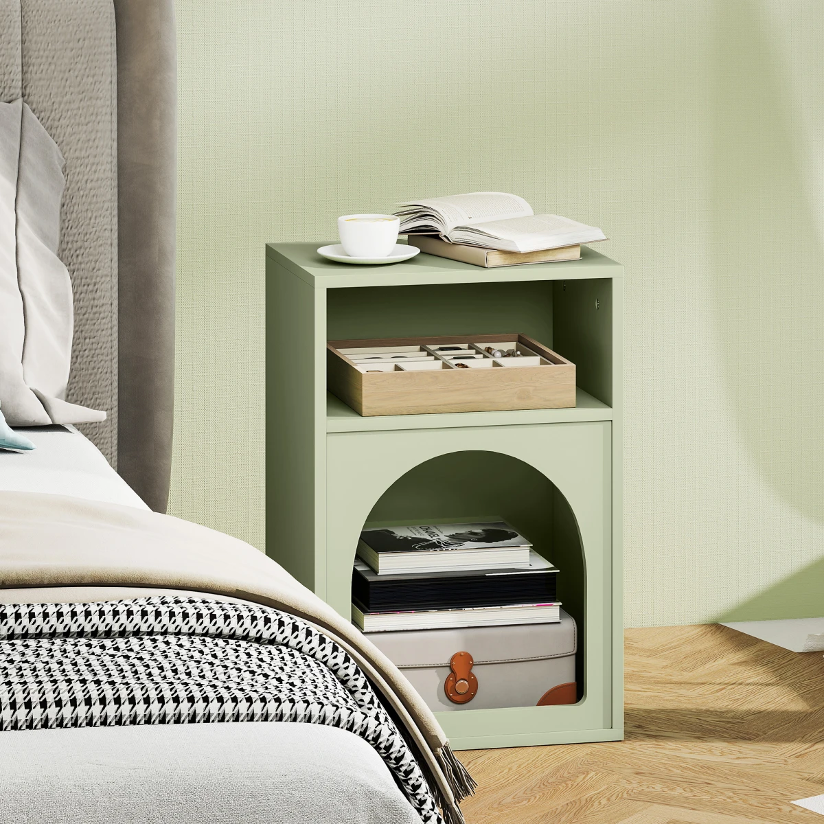 HOMCOM HOMCOM Bedside Table Modern Arch Design Light Green Finish 40W By 30D Two Open Shelves For Bedroom - Bedside Table