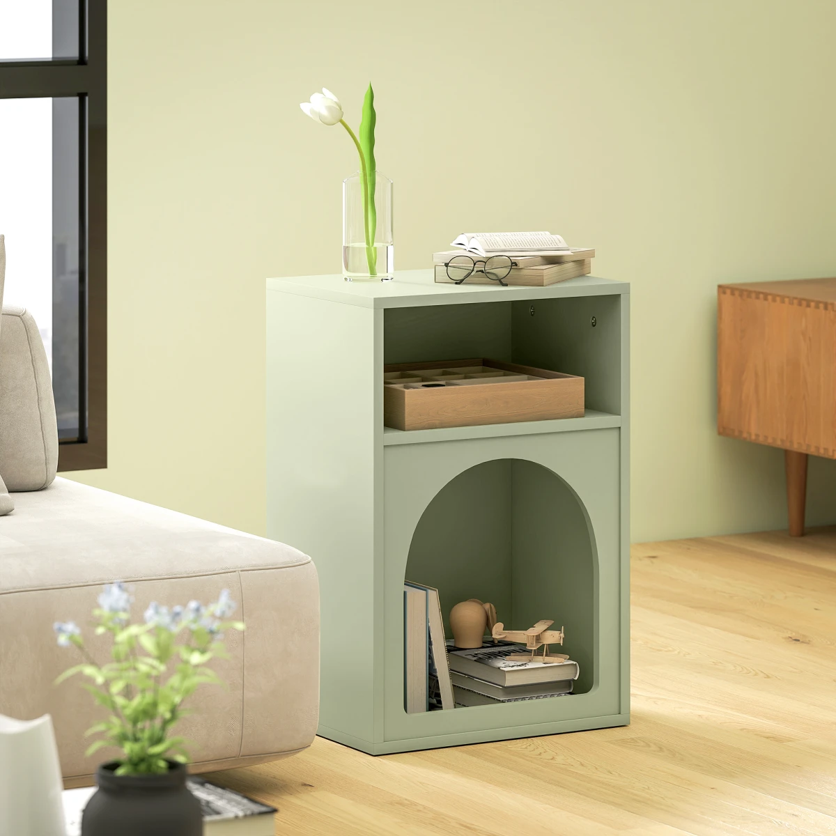 HOMCOM Bedside Table Modern Arch Design Light Green Finish 40W By 30D Two Open Shelves For Bedroom by HOMCOM
