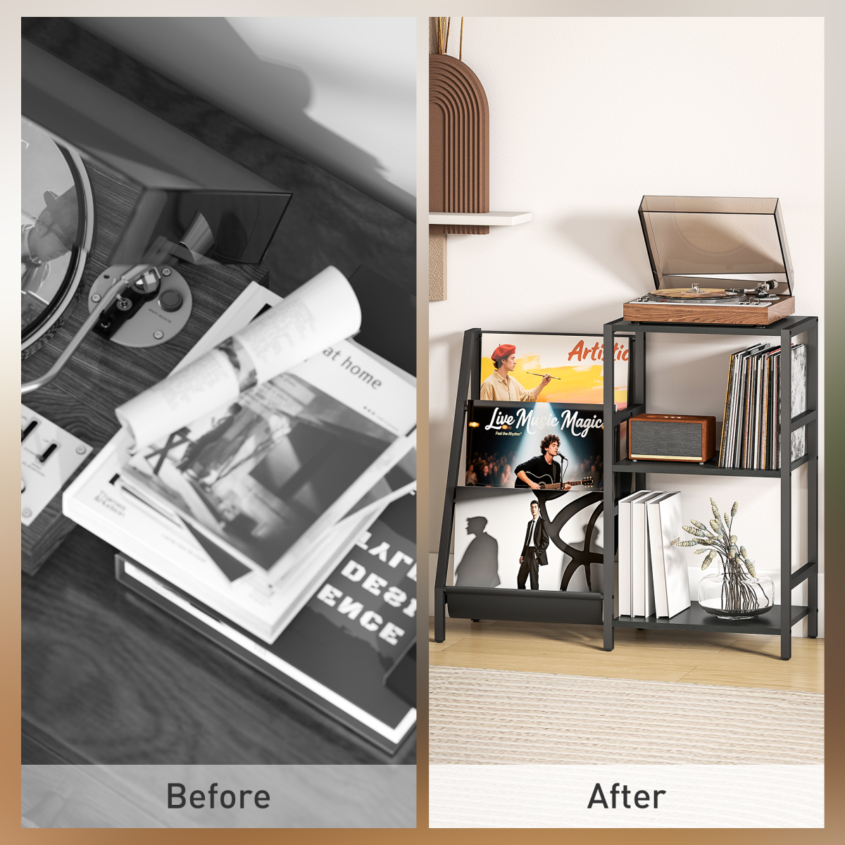 HOMCOM Record Player Stand 3 Tier Side Table with Vinyl Storage for Home Audio Enthusiasts by HOMCOM