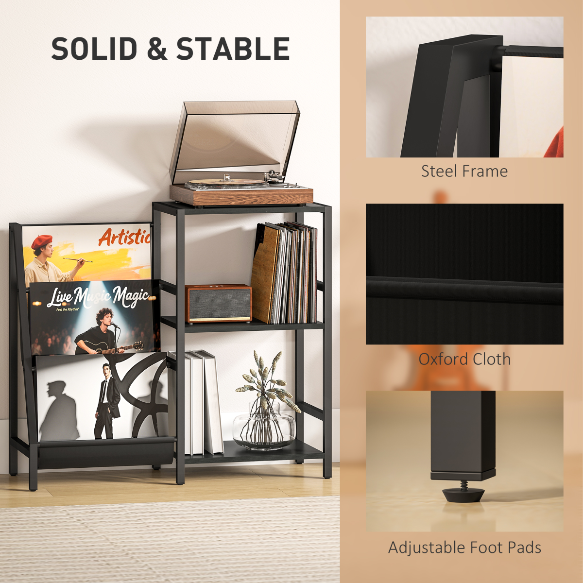 HOMCOM Record Player Stand 3 Tier Side Table with Vinyl Storage for Home Audio Enthusiasts by HOMCOM