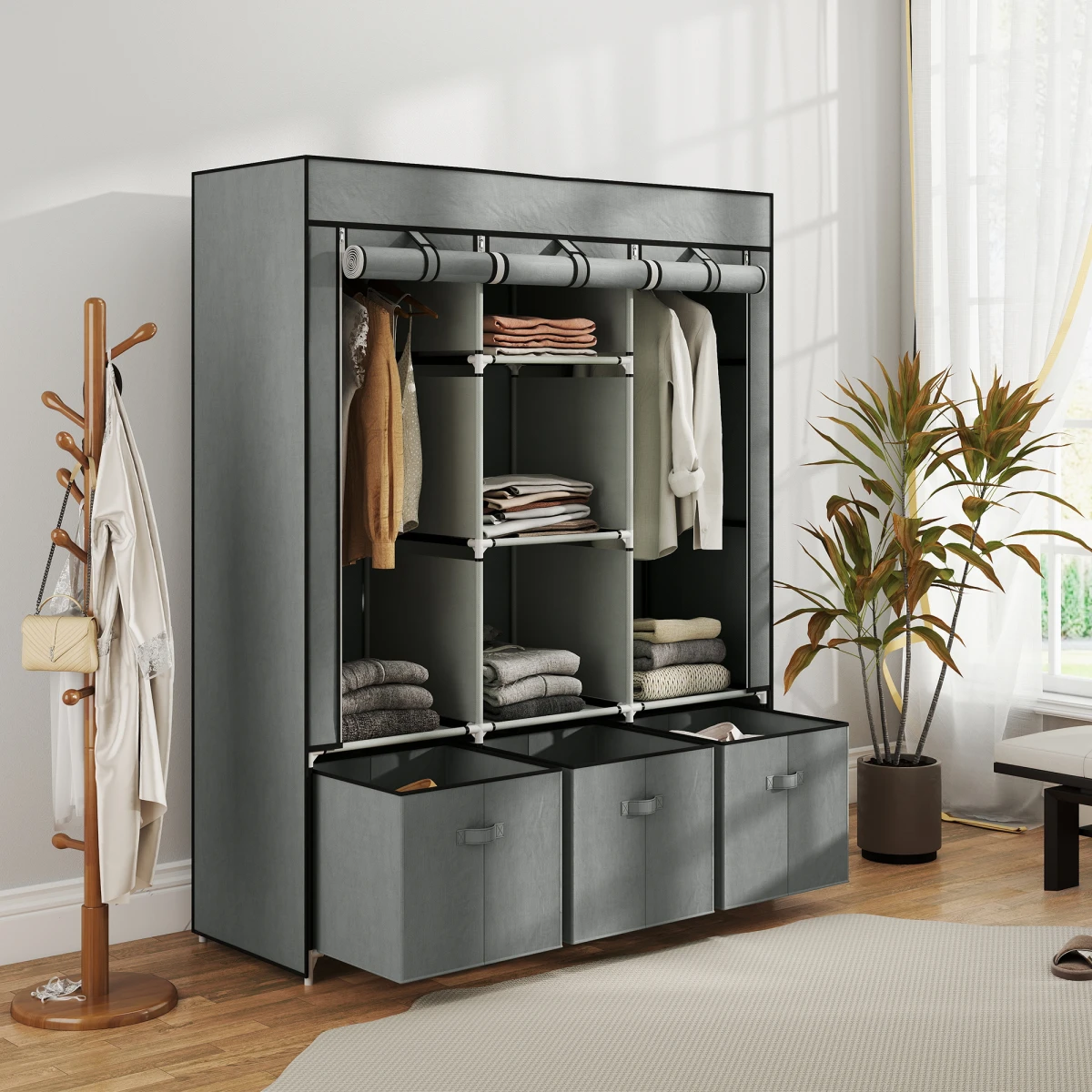 HOMCOM HOMCOM Portable Wardrobe w/ 5 Shelves 3 Fabric Drawers and 2 Hanging Rails -
