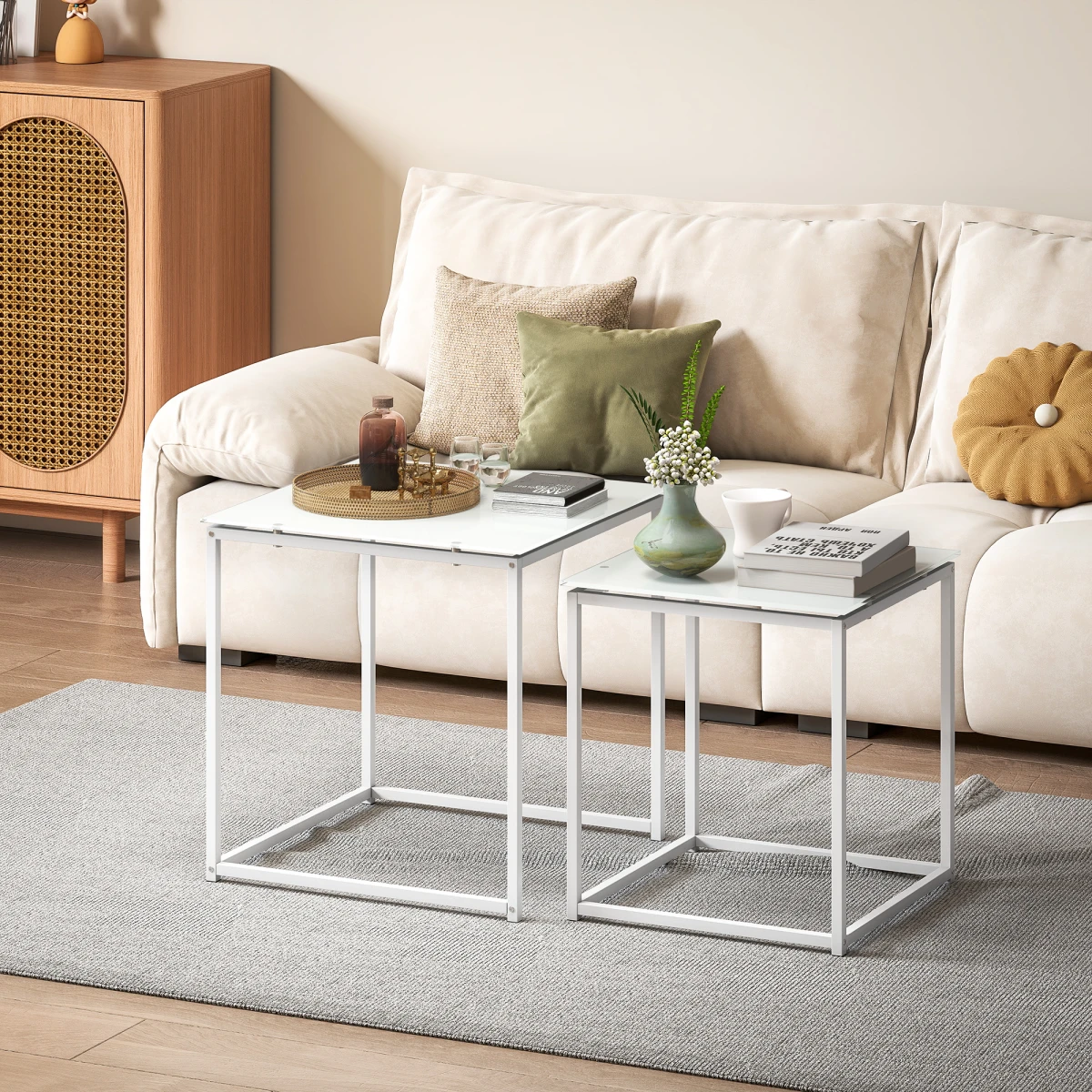 HOMCOM Nest of 2 Side Tables Glass Tops With Steel Frame for Living Room and Bedroom - Nest of Tables