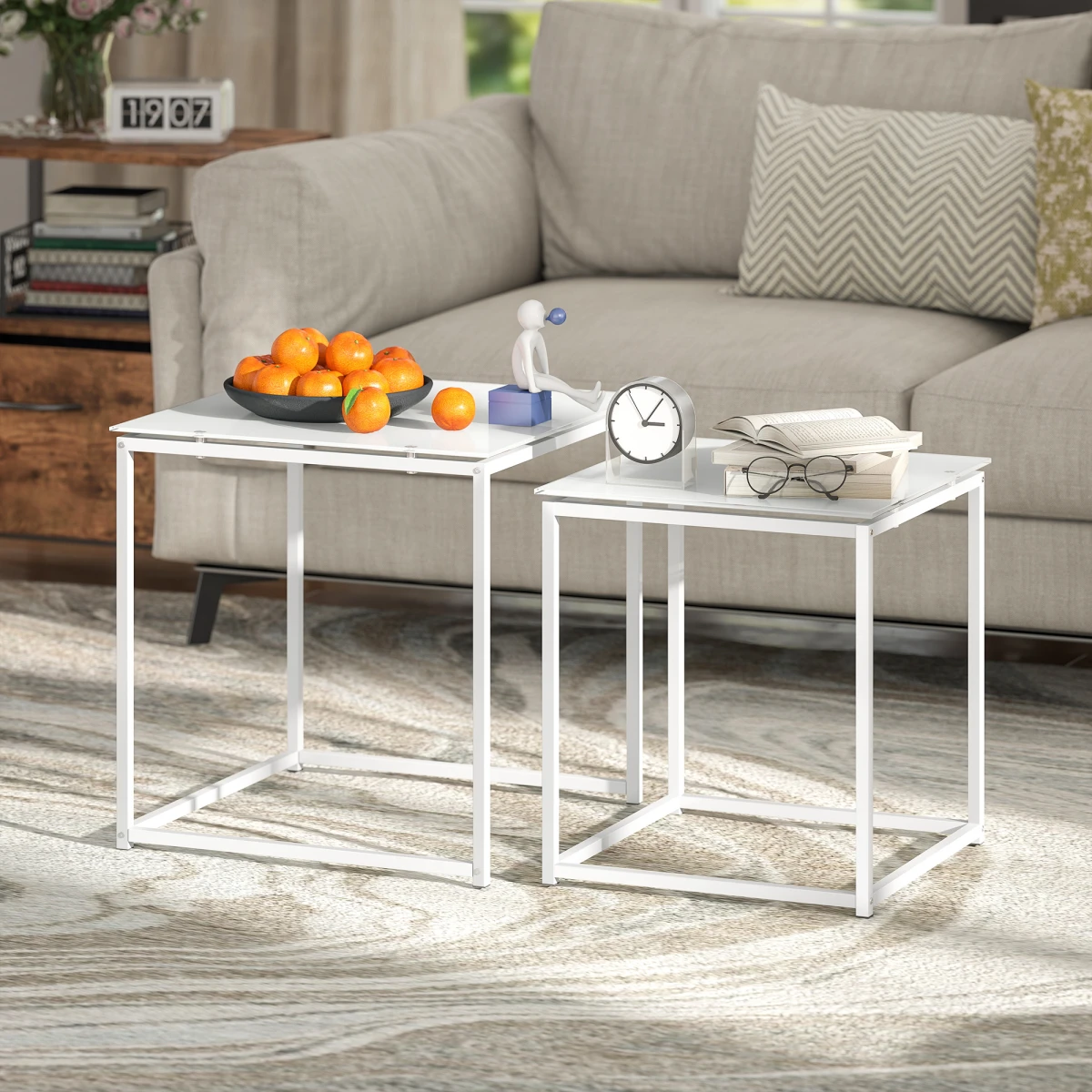 HOMCOM Nest of 2 Side Tables Glass Tops With Steel Frame for Living Room and Bedroom - Nest of Tables