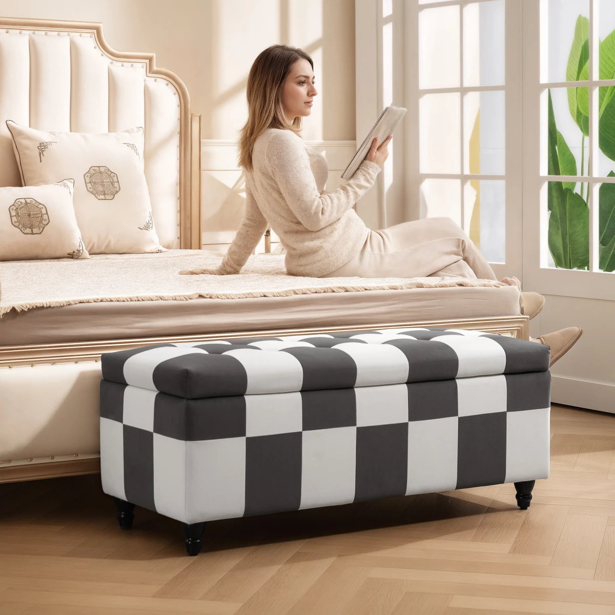 HOMCOM 114 x 47 x 47cm Velvet Storage Ottoman, Button-tufted Footstool Box by HOMCOM