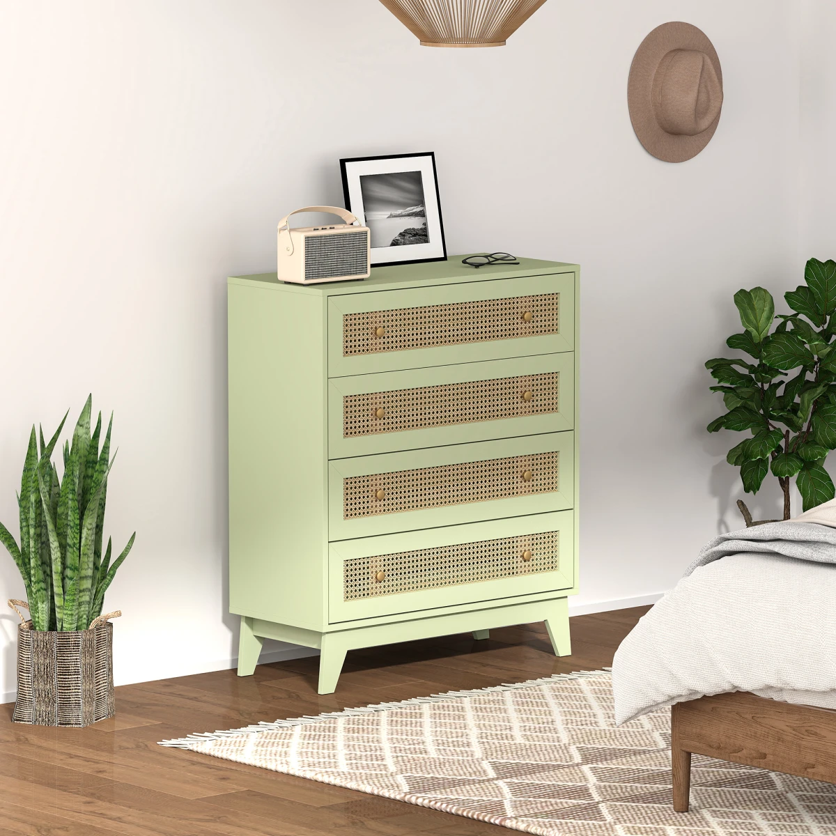 HOMCOM Chest Of Drawers 4 Drawer Rattan Panel Wood Effect Bedroom Storage Organiser by HOMCOM