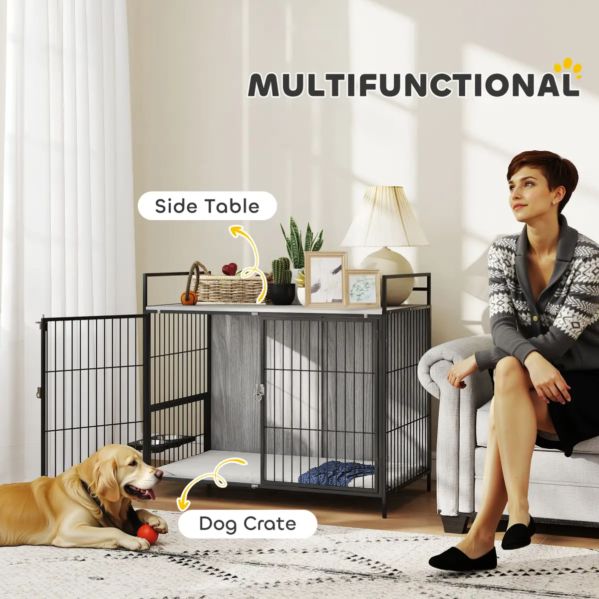 PawHut PawHut Dog Crate Furniture with Rotating Bowl Holder for Large Dogs - Dog Crate