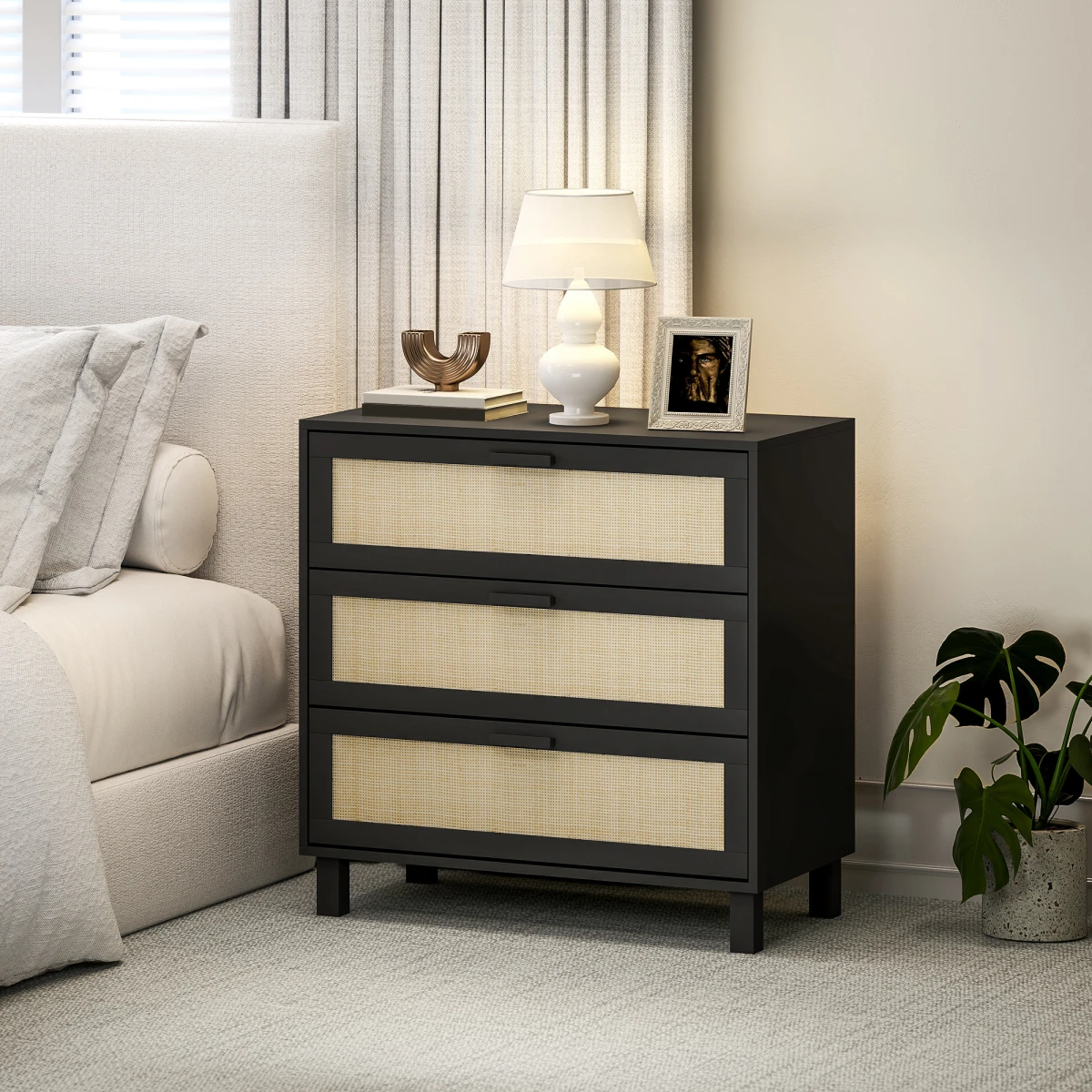 HOMCOM 3 Drawer Cabinet Compact Cane Front Panels For Bedroom Storage And Display by HOMCOM