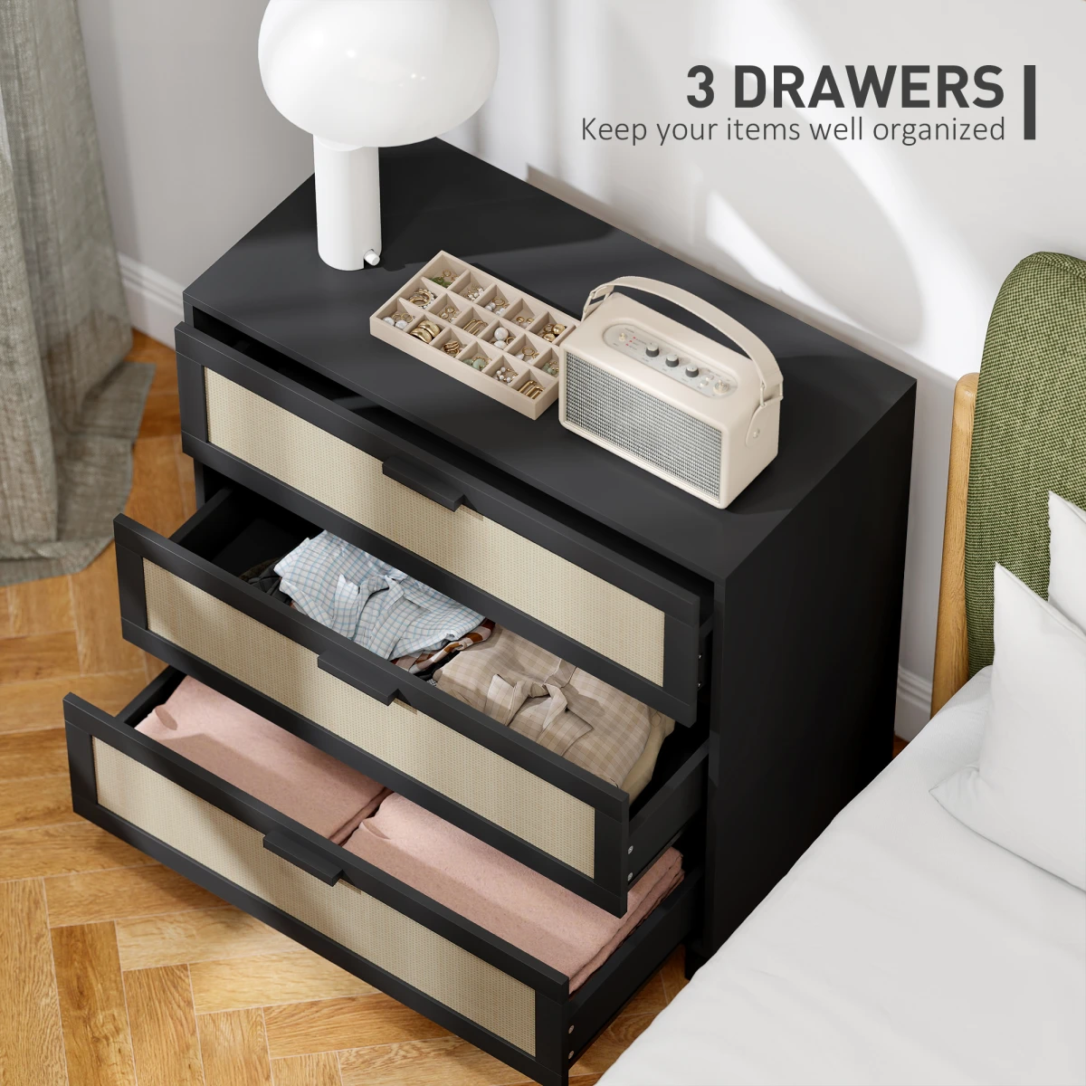 HOMCOM 3 Drawer Cabinet Compact Cane Front Panels For Bedroom Storage And Display by HOMCOM