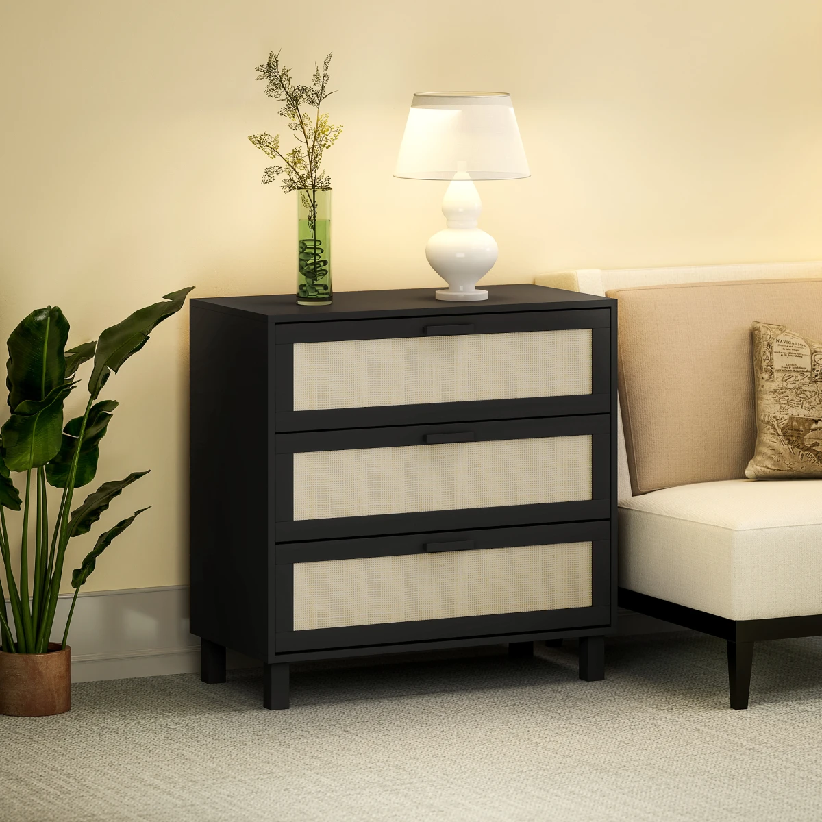 HOMCOM 3 Drawer Cabinet Compact Cane Front Panels For Bedroom Storage And Display by HOMCOM